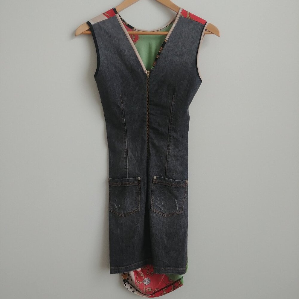 Y2K unique Denny Rose denim pattern panel mini dress Small
